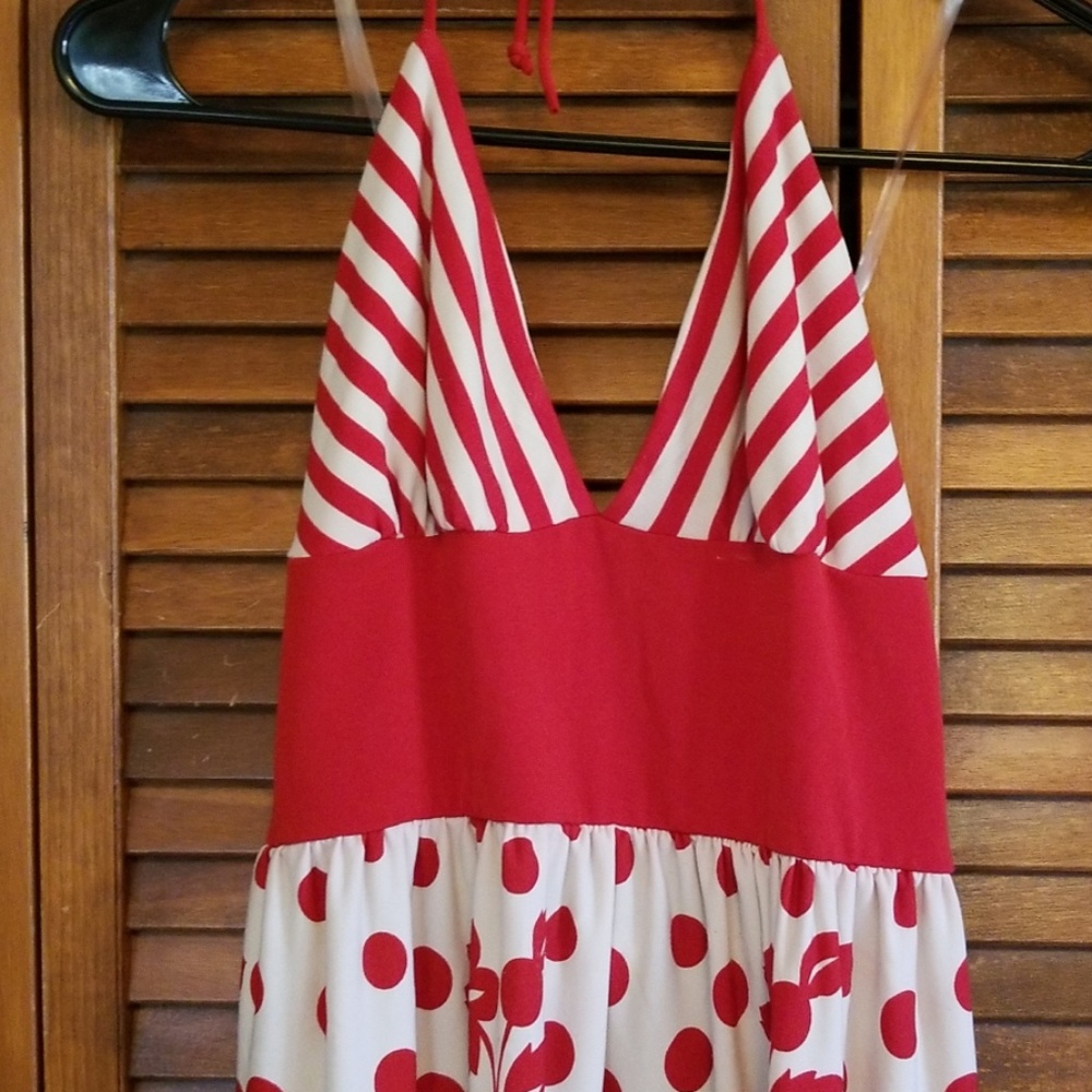 Red and cream halter dress